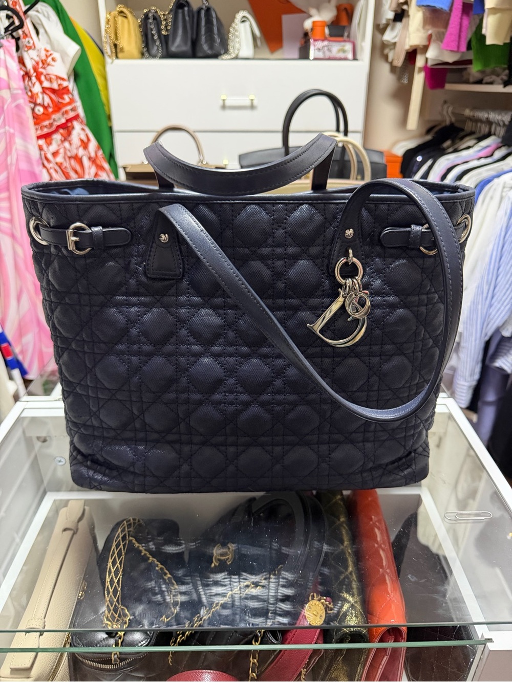 Dior Black Quilted Leather Tote with Gold Charm